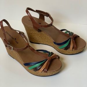 Blue and tan sandal wedges